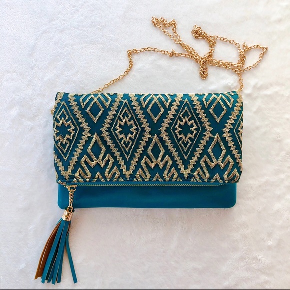 Handbags - Teal and Gold Geometric Stitch Clutch